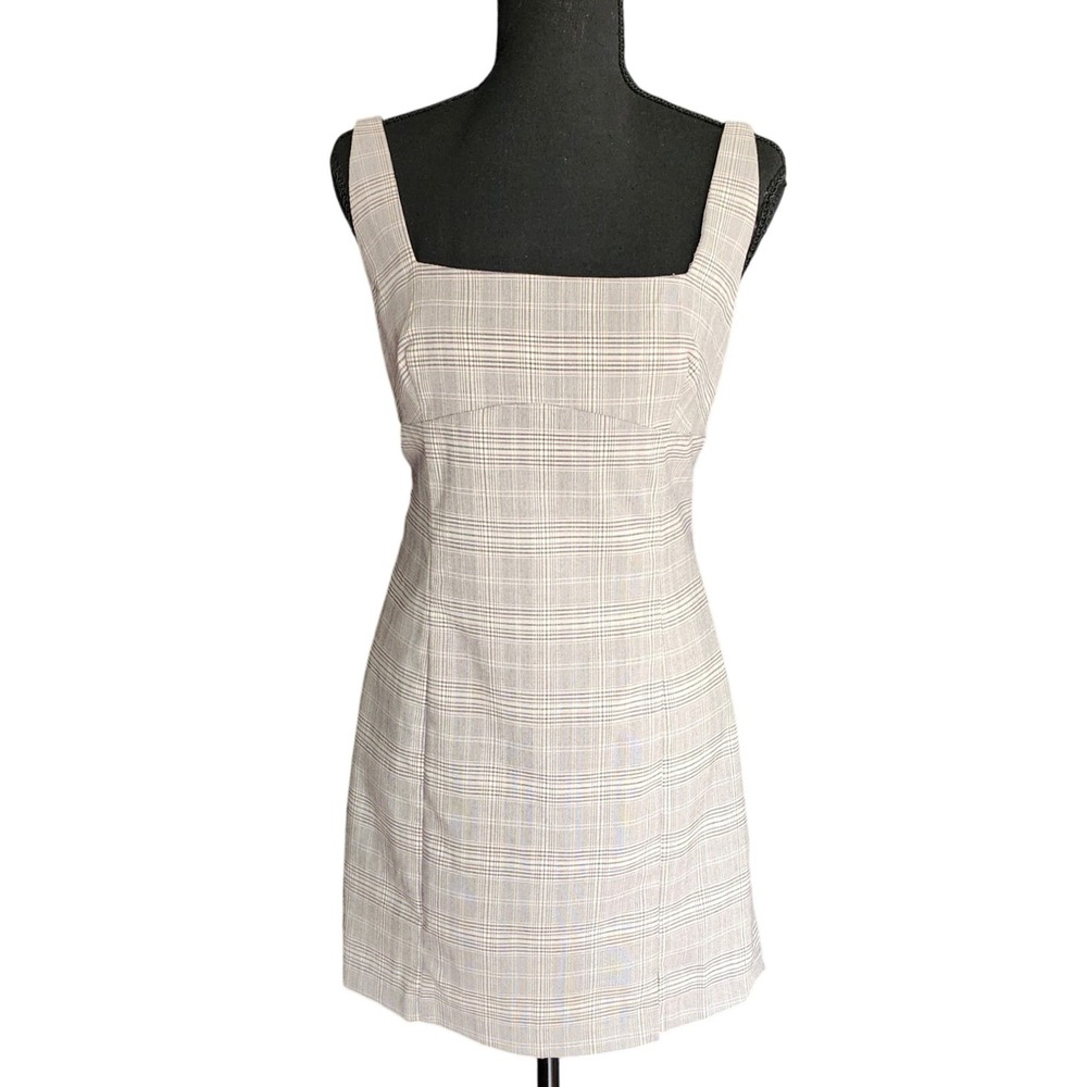 Olivaceous Academic Plaid Mini‎ Dress Taupe Grey Preppy 90's Bodycon Sheath L